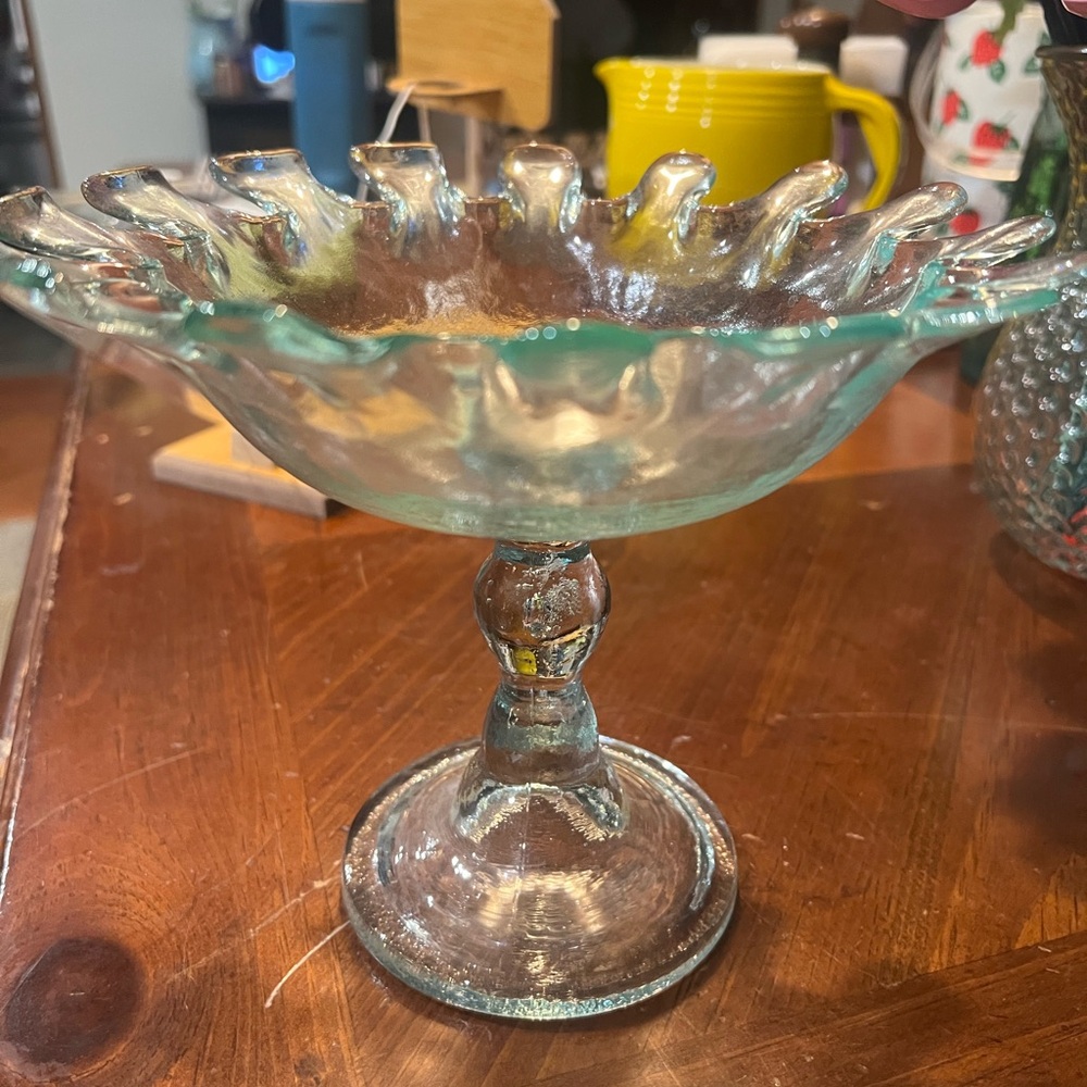 Vintage Recycled Art Glass Flower Petal Shape Pedestal Compote Dish Bubble Bowl
